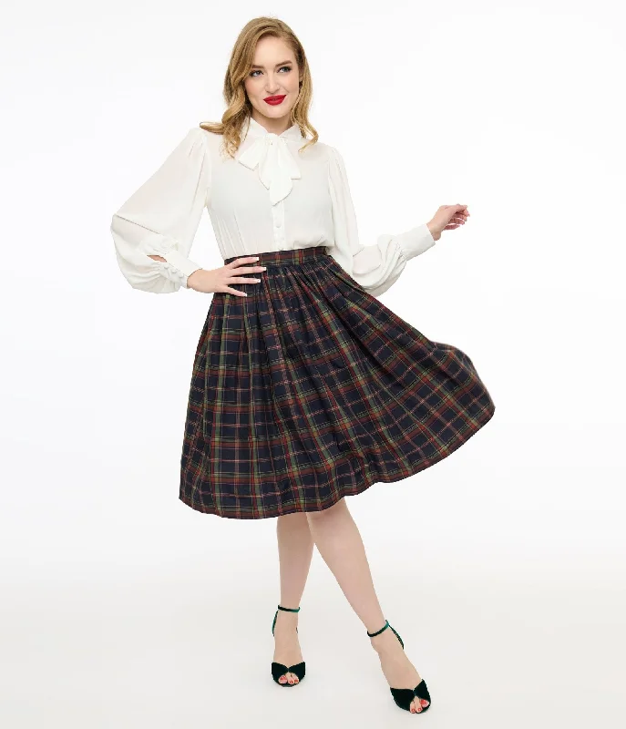 Durable denim skirts for rugged daily wear -Unique Vintage 1950s Black Plaid Gellar Swing Skirt