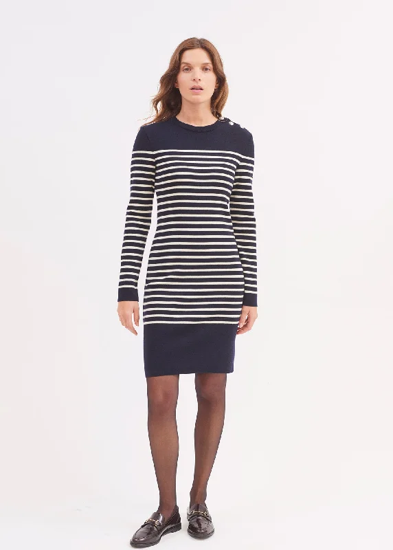 Low-waisted Dresses for Relaxed -Grande Marée striped jumper dress - in wool, shoulder buttoning (NAVY/ECUME)