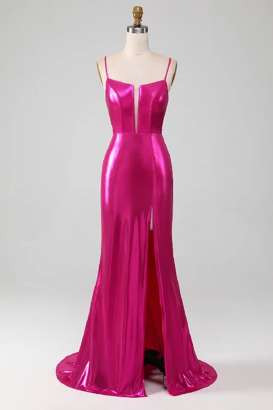 Nylon Dresses for Stretchable -Sparkly Hot Pink Mermaid Simple Prom Dress With Slit