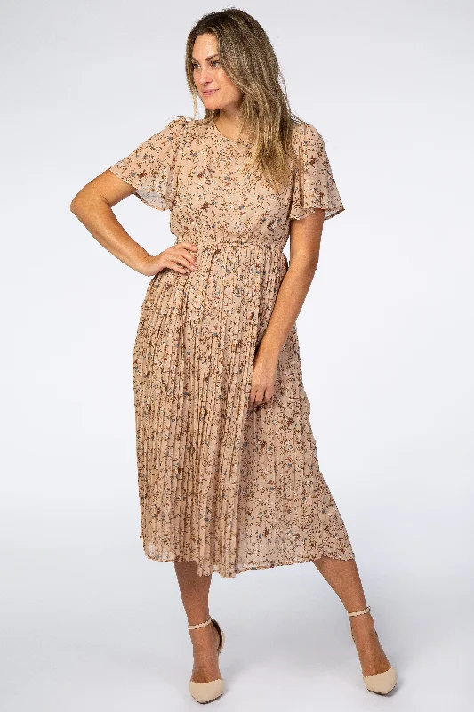 Work Dresses for Professional -Beige Floral Pleated Chiffon Midi Dress