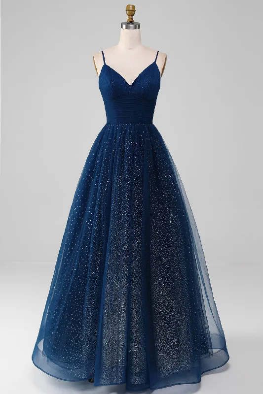 Birthday Dresses for Celebration -Navy Ball-Gown V-Neck Long Beaded Tulle Prom Dresses With Pleated