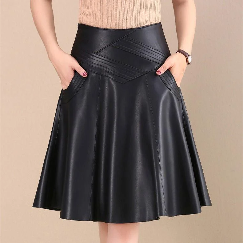 Pleated skirts for sophisticated evening wear -Mid-length high-waist pleated leather skirt skirt