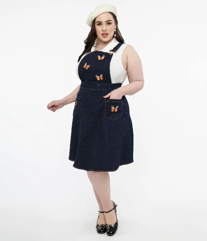 High-waisted skirts for slimming chic style -Voodoo Vixen Butterfly Denim Pinafore Skirt