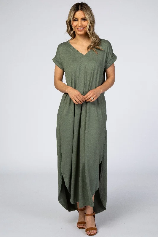 Short-sleeved Dresses for Summer -Olive Side Slit Maxi Dress