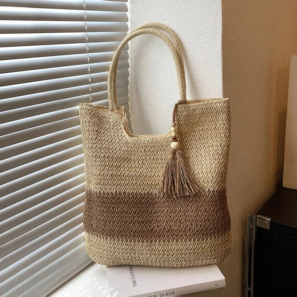 Handle bags with sturdy leather grip accents -Summer Beach Straw Shoulder Tote