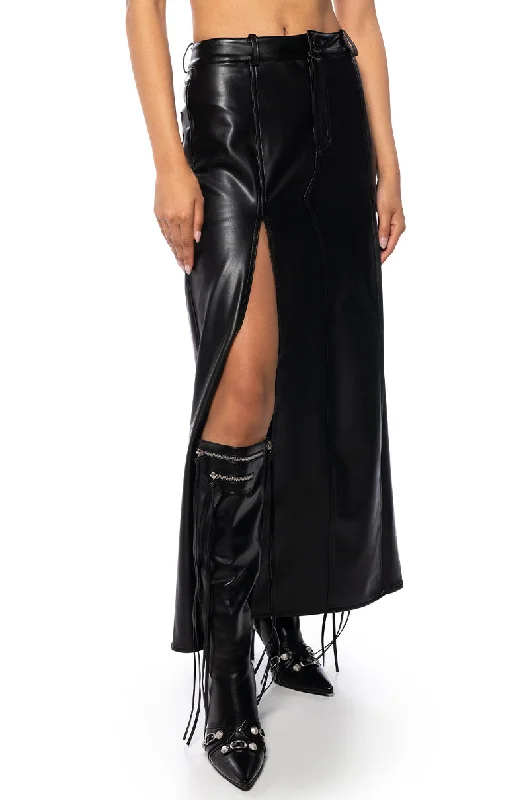 High-waisted skirts with button front detail -LEVEL UP MAXI FAUX LEATHER SKIRT WITH FRONT SLITS