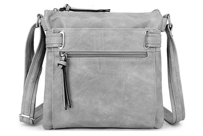 Handle bags with woven fabric for texture -LARGE LIGHT GREY MULTI COMPARTMENT CROSS BODY OVER SHOULDER BAG WITH LONG STRAP