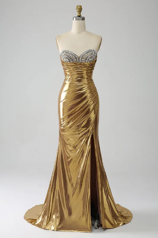 Shift Dresses for Simple Look -Golden Mermaid Strapless Long Metallic Prom Dress with Slit