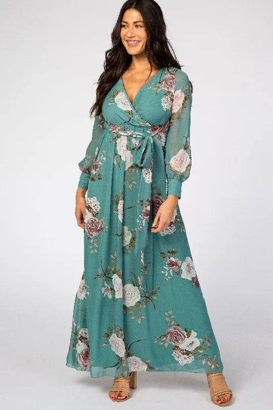 Elastic Dresses for Fit -Teal Floral Chiffon Maternity Maxi Dress