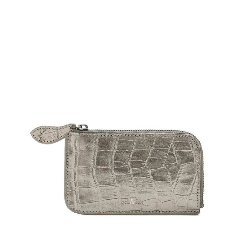 Handle bags with expandable sides for flexibility -FERN Leather Card Holder - Pewter Croc