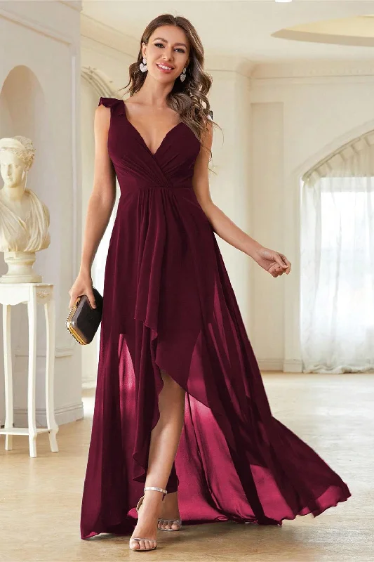 Contemporary Dresses for Fashion -A-Line Burgundy V-Neck Chiffon High Low Prom Dress