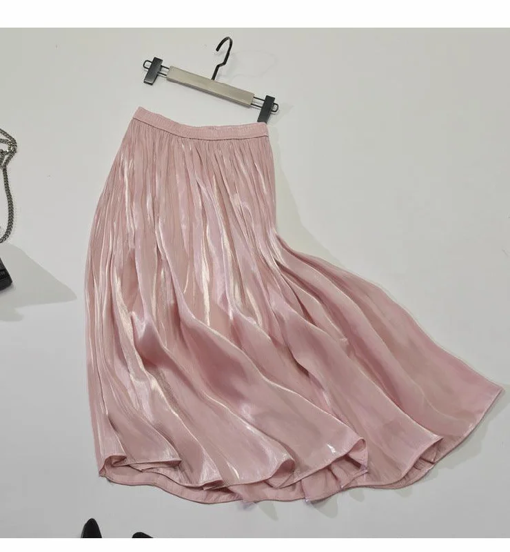 Luxury maxi skirts for dramatic flair -Mid-Length Mid-Length Autumn A-Line Gentle Wind Pleated Satin Half Skirt