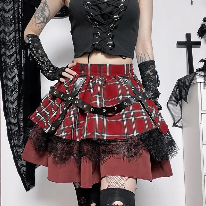 Wrap skirts with tie-front detail charm -Gothic Harajuku Girls Plaid Pleated Sweet Lace Kawaii Y2k Costume Skirt