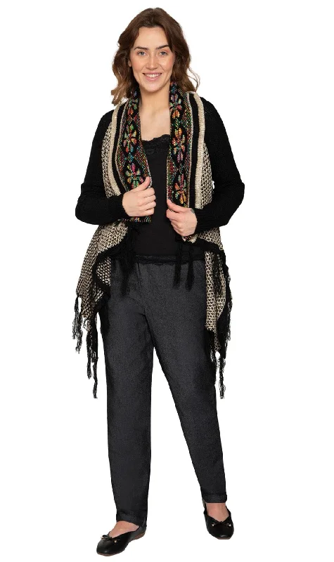 Hooded cardigan for added warmth -Women's Fringed Jacquard Weave Open Front Long Cardigan