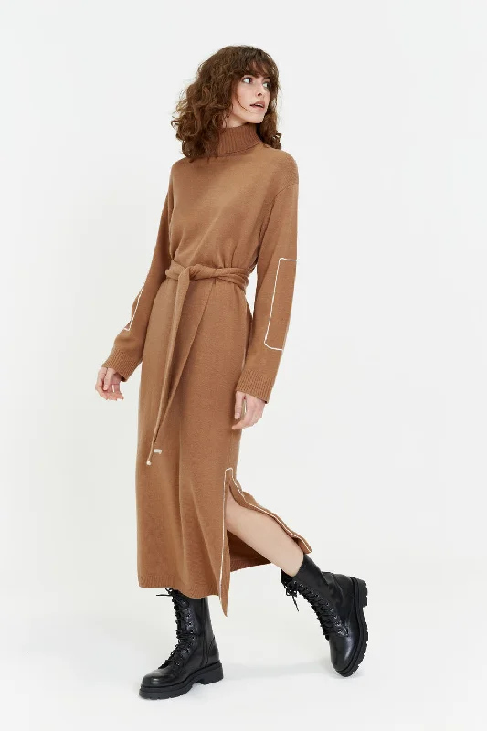 Brown Dresses for Earthy -Camel Wool-Cashmere Amelia Rollneck Dress