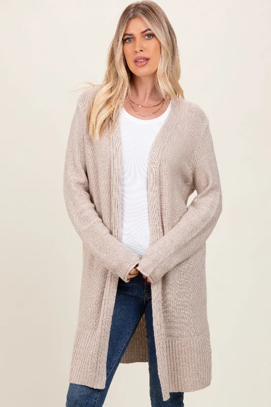 Pink - cardigan for a sweet and feminine touch -Beige Contrast Rib Long Open Cardigan