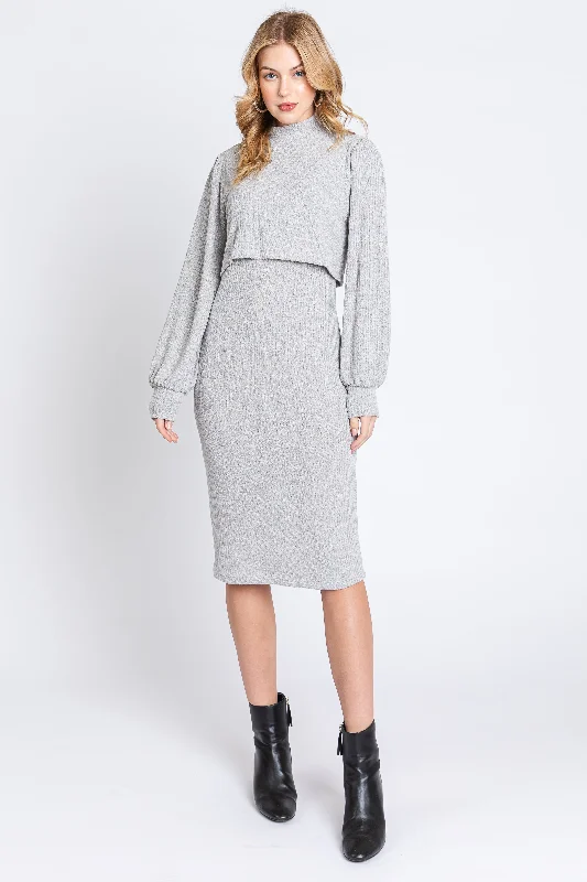 Long-sleeved Dresses for Coverage -Heather Grey Rib Knit Mock Neck Nursing Dress