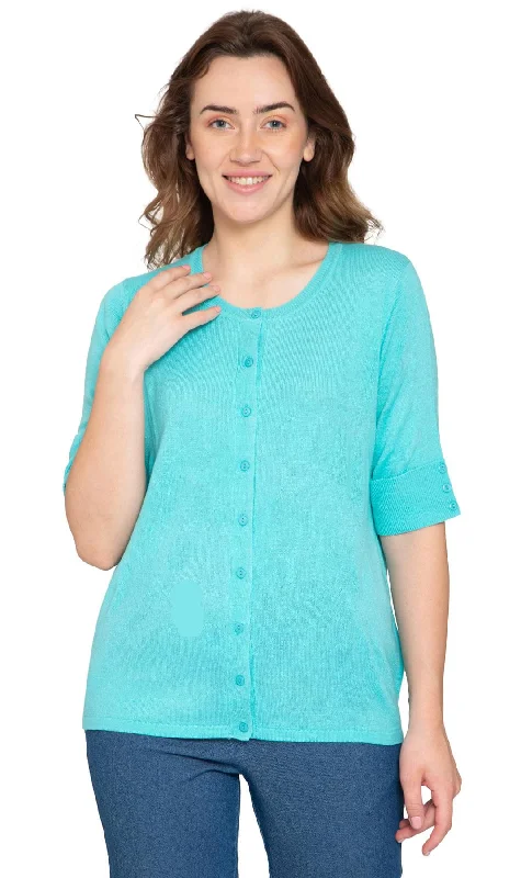 Round - neck cardigan for a cute appearance -Women's Button Front Cardigan – Unique Elbow Cuff Adds Fifties Flair