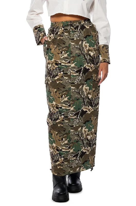 Trendy skirts with modern cutout designs -SURVIVAL MODE CAMO MAXI SKIRT