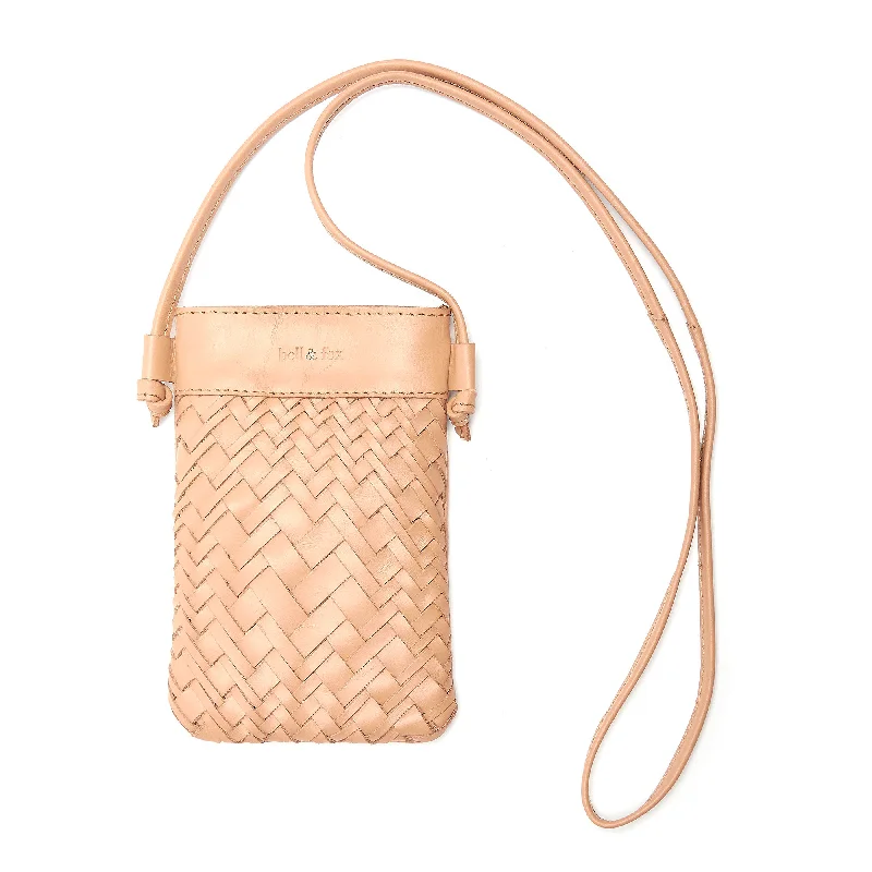 Handle bags with minimalist sleek silhouettes -KASI Mini Hand Woven Crossbody Bag in Camel Leather