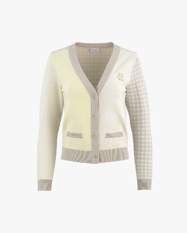 Indoor - gathering cardigan for a comfortable choice -FL Gingham Checkered Cardigan - Lemon