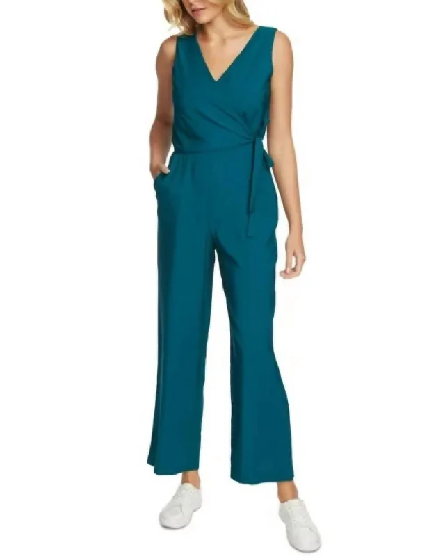 Printed tight trousers for women with bold patterns and eye-catching designs -Sleeveless Vneck Wrap Cropped Jumpsuit In Blue Green