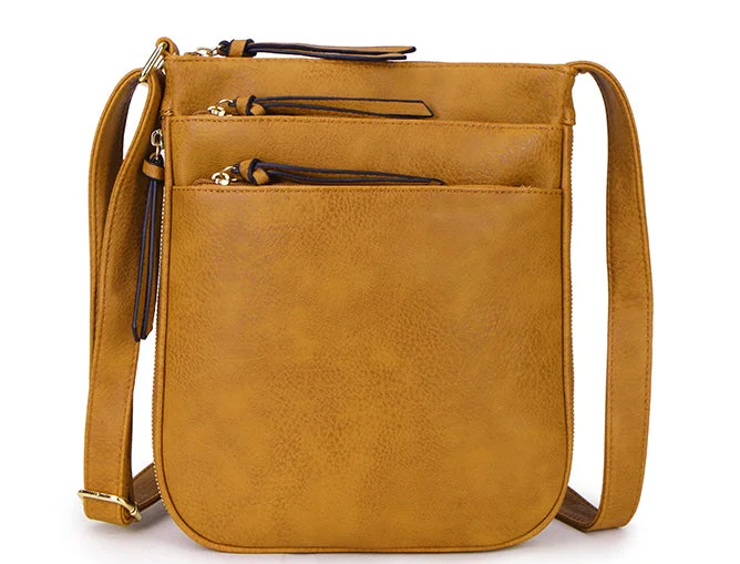 Large handle bags with spacious interior compartments -PLAIN CURVED MUSTARD YELLOW MULTI COMPARTMENT CROSS BODY SHOULDER BAG