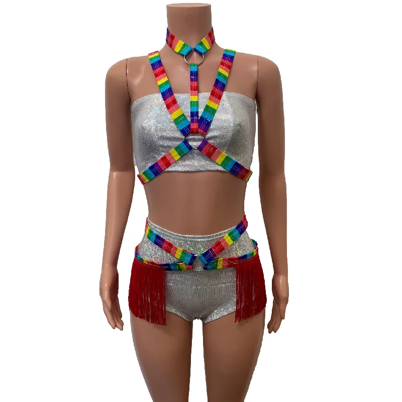 Durable cotton skirts for tough daily use -Fringe Harness Set in Rainbow Stripe | Cage Bra Rave Body Harness Outfit w/ Fringe Skirt and Choker Pride Outfit