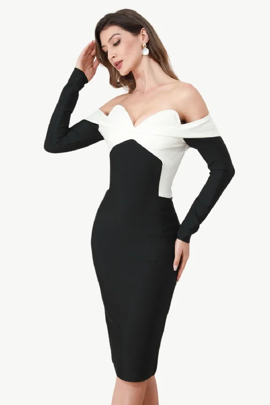 High-waisted Dresses for Flatter -Off The Shoulder Black Party Dress with Sleeves