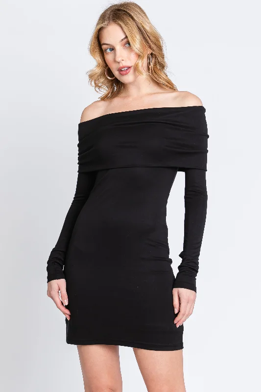 Prom Dresses for School Dance -Black Foldover Off Shoulder Long Sleeve Dress