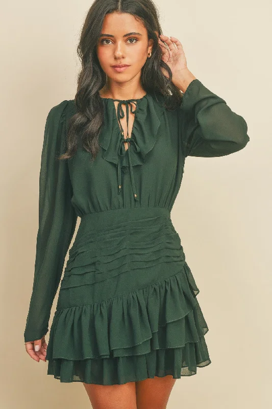 Leather Dresses for Luxury -Green Ruffle Ruched Mini Dress