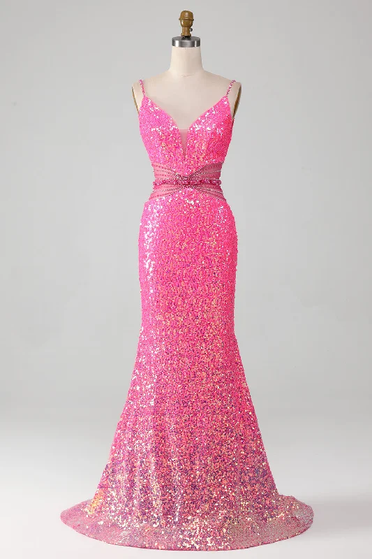 Tie-up Dresses for Decorative -Hot Pink Spaghetti Straps Glitter Mermaid Prom Dress with Beading Waist