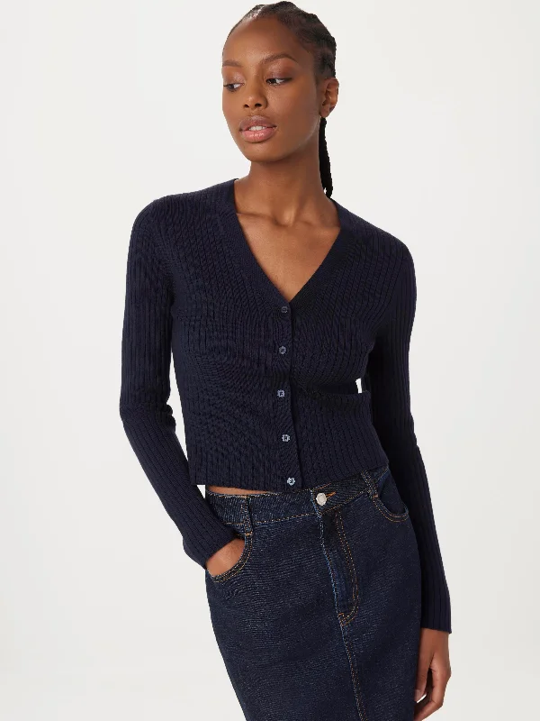 Boat - neck cardigan for a stylish look -The Merino V-Neck Cardigan in Space Blue