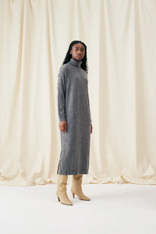 Abstract Dresses for Creative -Grey Wool-Cashmere Rollneck Dress