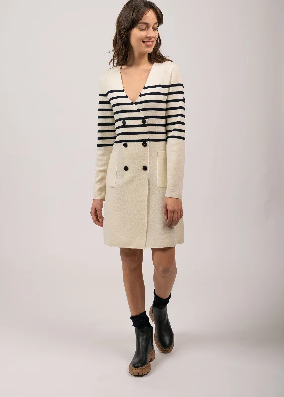 Tie-up Dresses for Decorative -Royale striped dress in wool - crossed V neck (ECUME/NAVY)