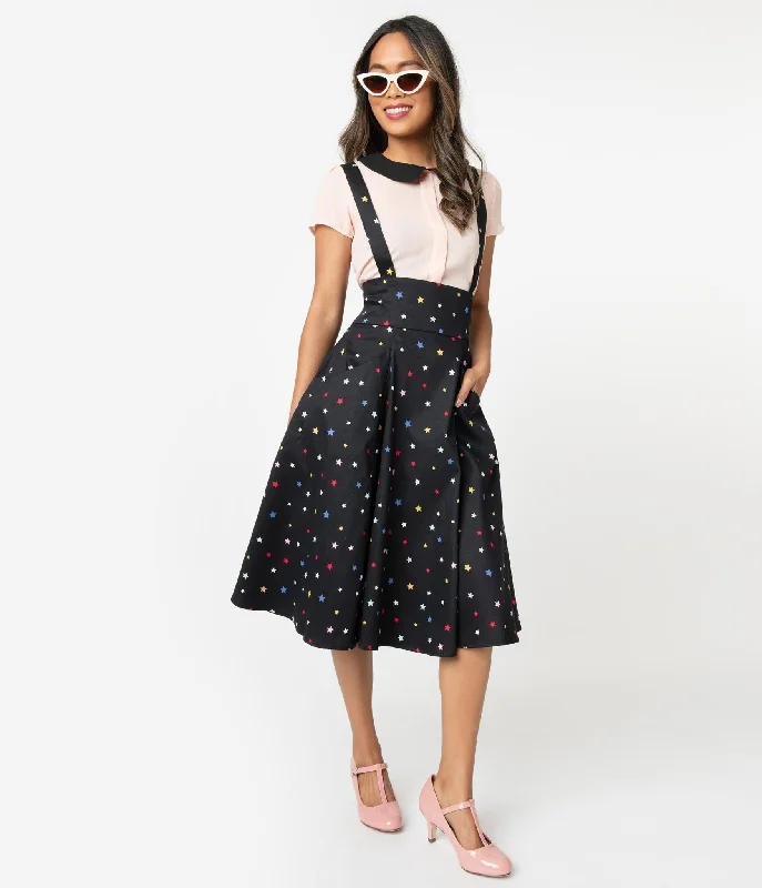 Wrap skirts with tie-front detail charm -Collectif 1950s Black & Multicolor Stars Alexa Suspender Swing Skirt