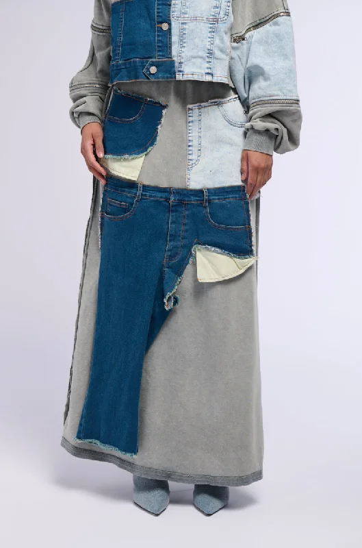 Wrap skirts with tie-front detail charm -DENIM DREAMS ZIPPER DETAIL MAXI SKIRT