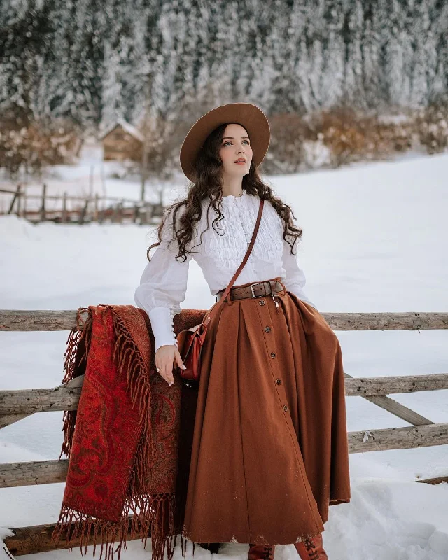 Casual linen skirts for breezy days -Naomi 33 |  buttoned up wool skirt in brown