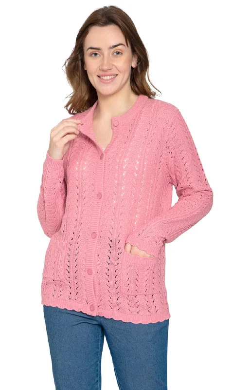 Long - sleeve cardigan for cold weather -Women's Button Front Pointelle Cardigan – A Textural Layer in So-Soft Acrylic