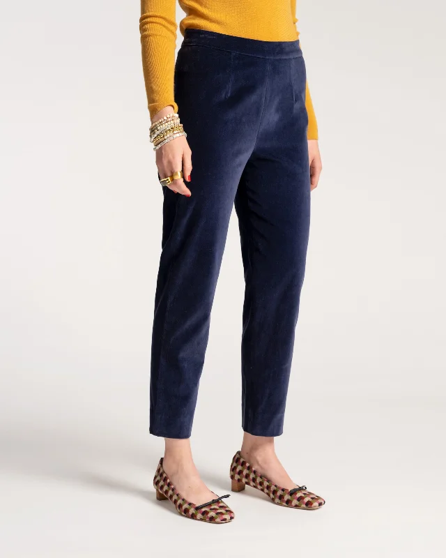 Vintage-inspired tight trousers for women with buttoned waist and retro charm -Lucy Pant Stretch Velvet Midnight