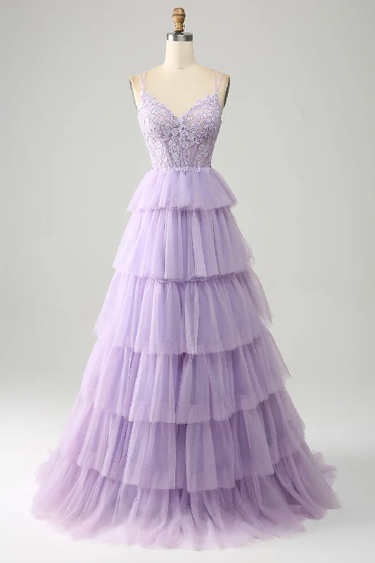 Elastic Dresses for Fit -Lilac Tulle Tiered Princess Corset Prom Dress with Appliques