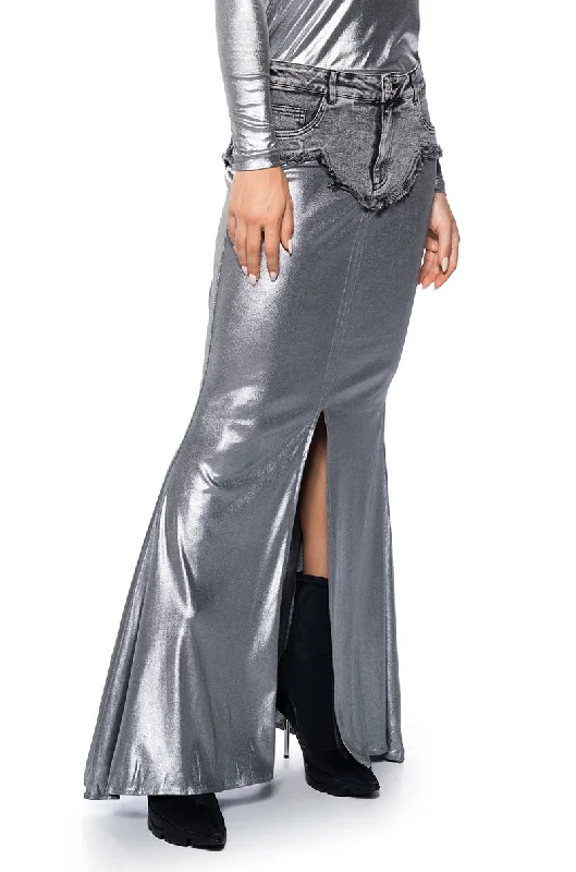 A-line skirts with flared hem elegance -JUST LIKE MAGIC SLINKY DENIM MAXI SKIRT