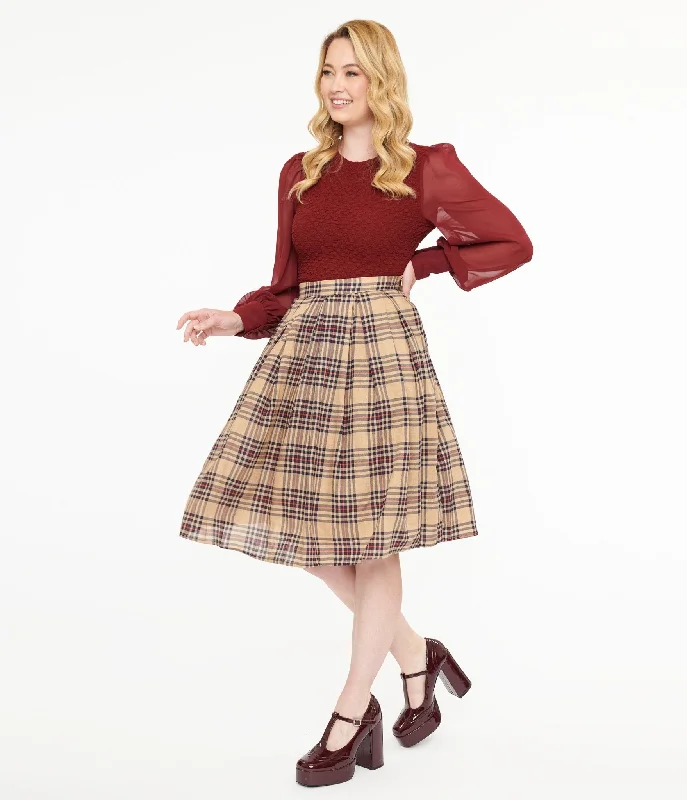 Ruffled midi skirts for delicate feminine touch -Khaki Plaid Fit & Flare Cotton Skirt