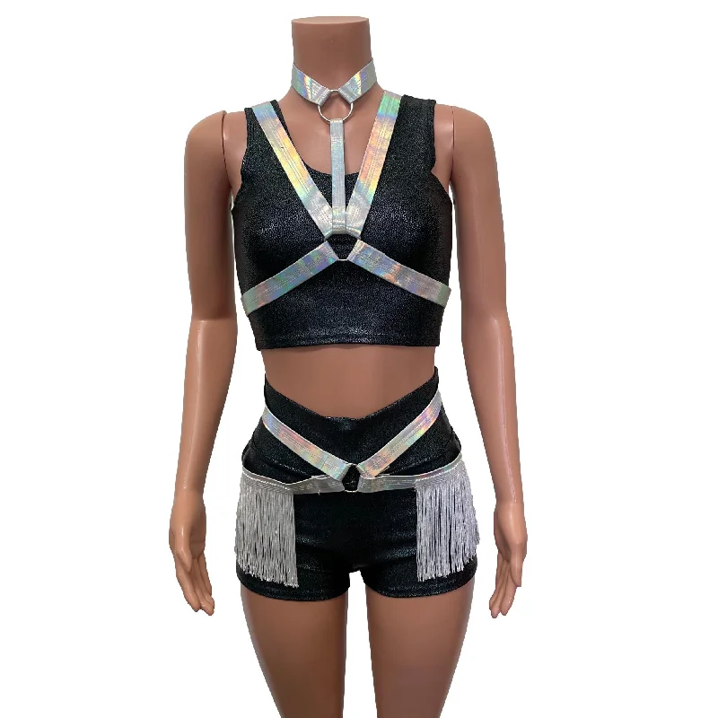 Bold skirts with vibrant tropical prints -Fringe Harness Set in Opal Holographic | Cage Bra Rave Body Harness Outfit w/ Fringe Skirt and Choker