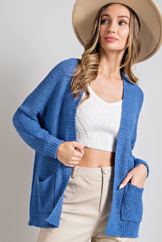 Zip - up cardigan for convenience -Blue Cuff Sleeve Cardigan