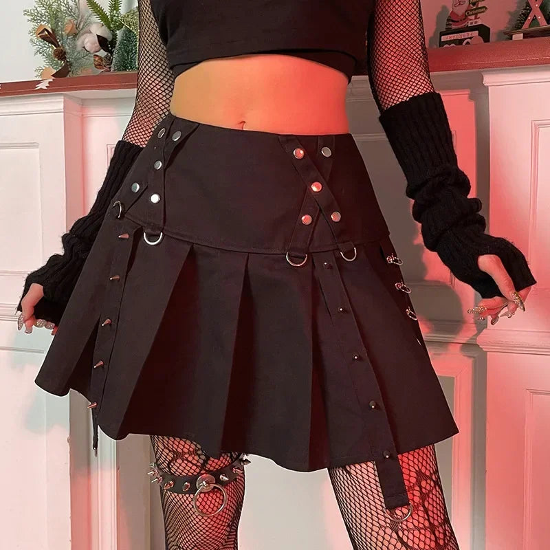 Durable skirts for long-lasting wardrobe staples -Gothic Diablo Harajuku Personality Spice Rivet Metal Buckle Streamer Low Waist A Version Short Pleated Skirt