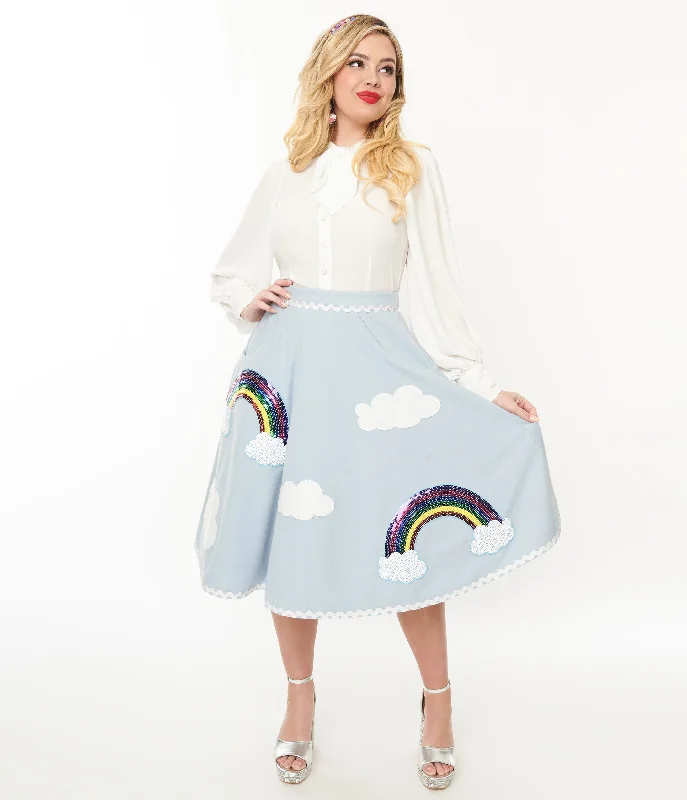 Midi pencil skirts for polished business attire -Unique Vintage 1950s Light Blue & Rainbow Sequin Soda Shop Swing Skirt