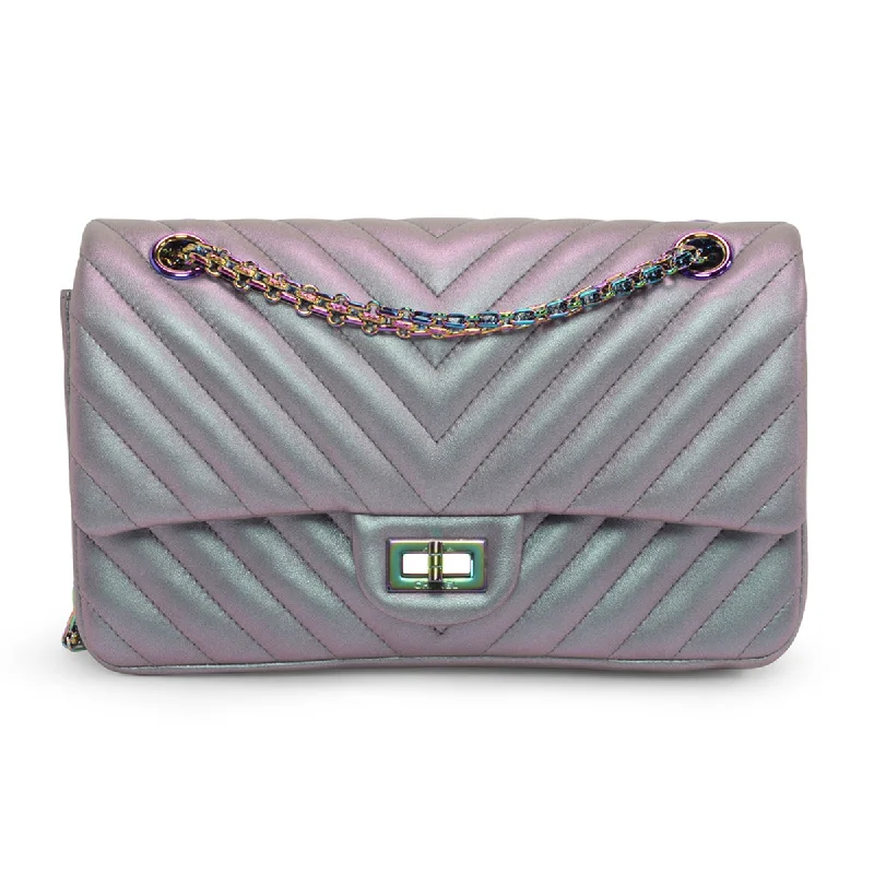 Handle bags with bright accents for pop -Chanel Purple Iridescent Chevron Reissue 2.55 Bag 225