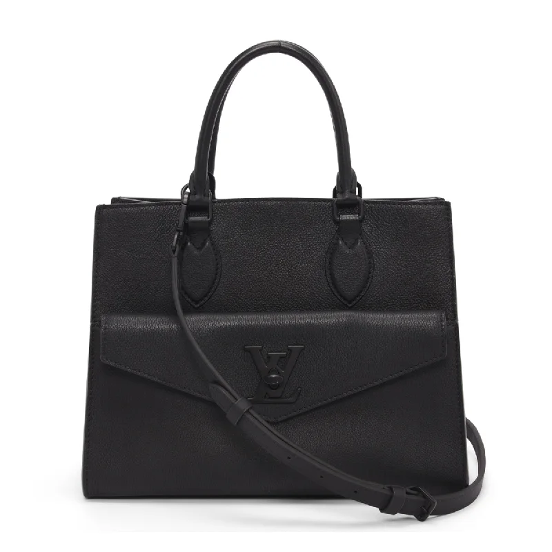 Foldable handle bags for easy storage convenience -Louis Vuitton Black Grained Calfskin LockMe PM Tote