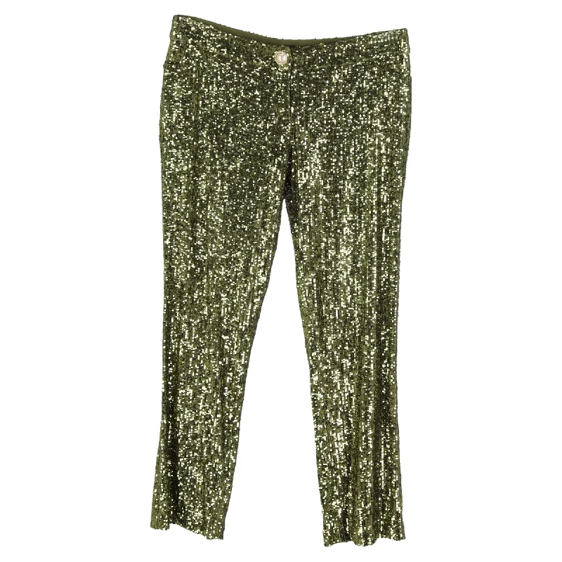 Designer tight trousers for women with unique stitching and high-fashion appeal -Balmain Cropped Stretch-Tulle Flared Pants in Green Sequins